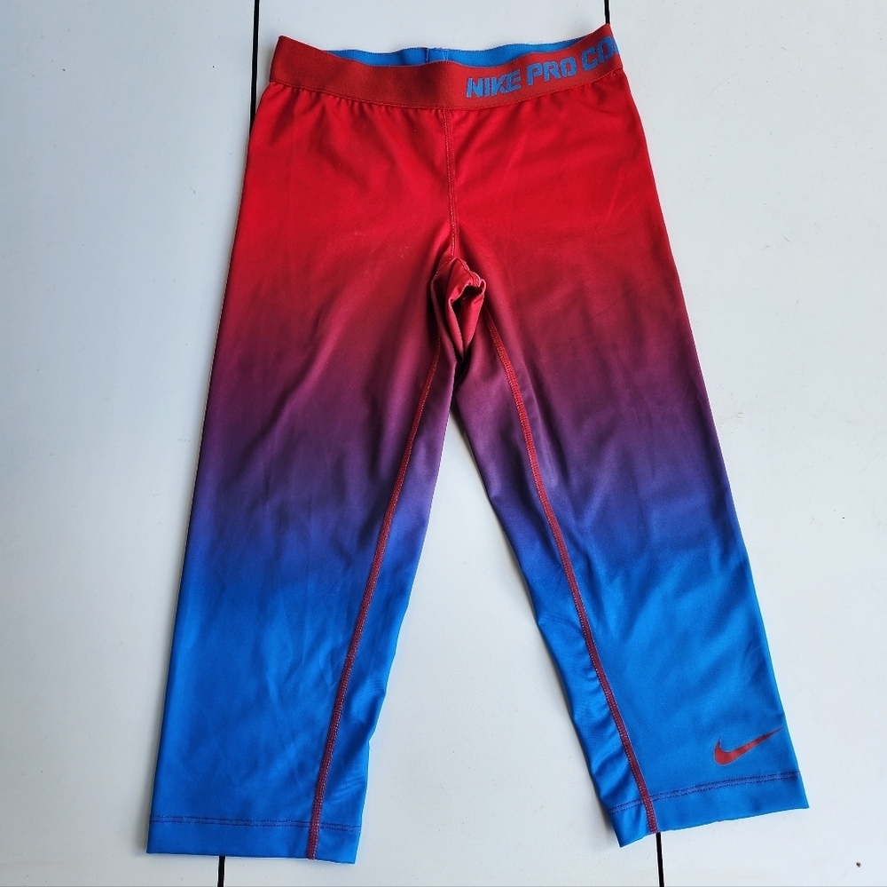 Nike Pro Combat Compression Red Blue Ombree Cropped Leggings Capri Dri Fit S